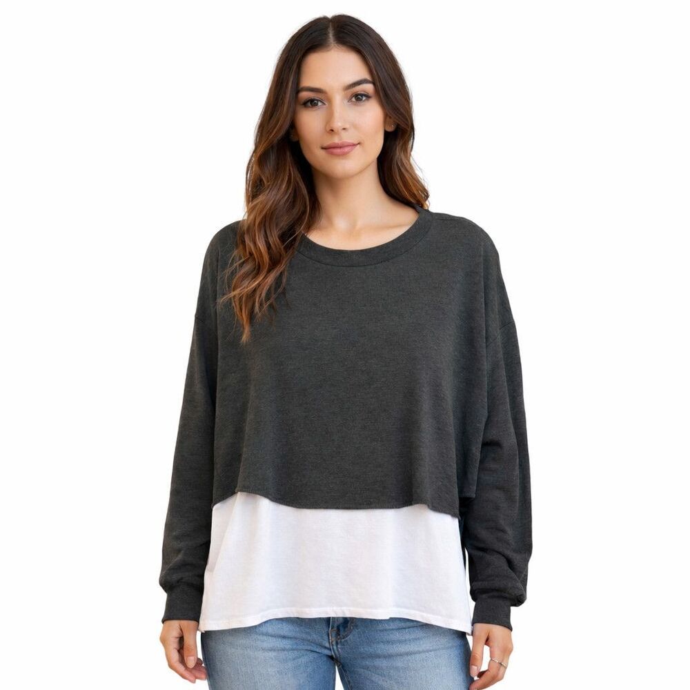 Lulus Shirt Womens Small Gray White Colorblock Cropped Layered Long Sleeve Tee